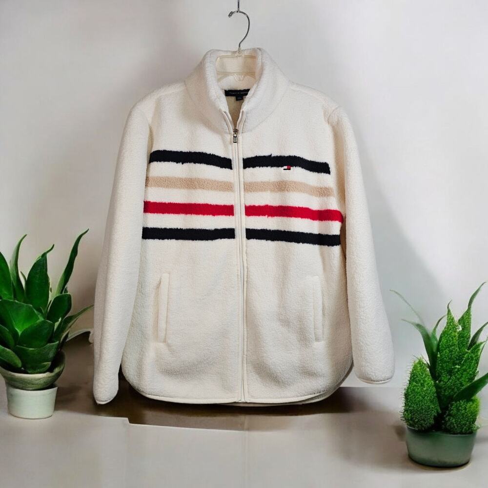 Tommy Hilfiger Striped Sherpa Zip Up Jacket Womens Large Cream White Ivory Plush